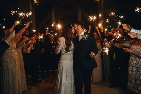 Sparklers Exit Gloucestershire Barn Wedding Winnington & Coe #wedding #sparklers Wedding Cold Fireworks, Wedding Fireworks Sparklers, Wedding Exit Fireworks, Wedding Picture With Sparklers, Sparkler Exit Wedding Photography, Groom And Groomsmen Suits, White Pillar Candles, Red Wedding Dress, Wedding Sparklers