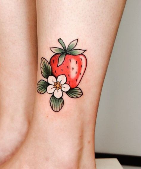 Neo Trad Strawberry Tattoo, Strawberry Tattoo Cute, Color Strawberry Tattoo, Strawberry Chest Tattoo, Strawberry Blossom Tattoo, Fine Line Strawberry Tattoo, Traditional Strawberry Tattoo, Cute Strawberry Tattoo, Strawberry Tattoo Design