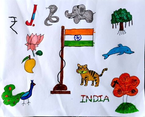 Drawing of national symbols of India by kids National Symbols Of India Drawing, National Symbols Of India, Eid Mubarak Images, India Trip, Symbol Drawing, Mubarak Images, Farm Crafts, National Symbols, Creative Activities For Kids