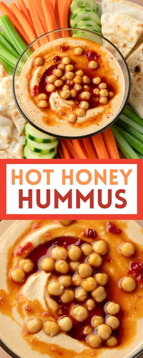 hot honey hummus veggie platter Hummus Recipe Low Calorie, Hot Honey Hummus Recipe, Peanut Butter Hummus Recipe, Hummus Boards Ideas, Hummus Dip Ideas, Hummus Topping Ideas, Flavored Hummus Recipe, Hot Honey Recipe Ideas, Healthy Spicy Snacks