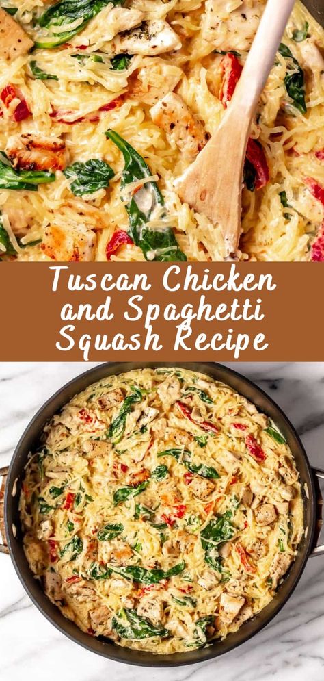 Tuscan Chicken and Spaghetti Squash Recipe | Cheff Recipes Keto Meals With Spaghetti Squash, Healthy Recipes With Spaghetti Squash, Spaghetti Squash Main Dish Recipes, Spaghetti Squash Chicken Spaghetti, Recipe Using Spaghetti Squash, How To Eat Spaghetti Squash, Spaghetti Squash And Turkey Recipes, Spaghetti Squash And Spinach Recipes, Cooked Spaghetti Squash Recipes