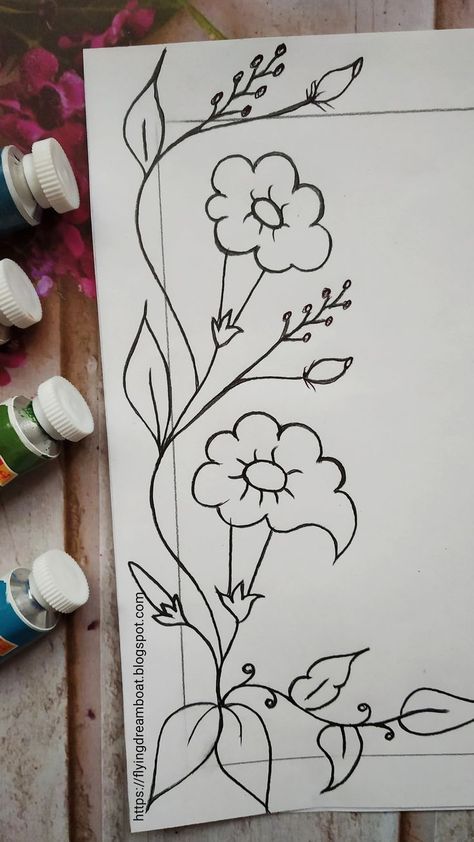 Floral Designs Drawing, Drawing Flowers Easy, Floral Design Drawing, Cute Flower Drawing, Easy Flower Drawings, Dream Boat, Colorful Borders Design, Front Page Design, Paper Art Design