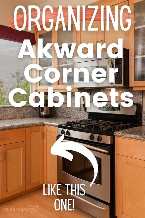 Organizing corner cabinets can be REALLY hard.  They are often awkward but do have good storage space.  In this post, I share some of the ways I organized mine an how a simple $15 changed how much easier it was to use! #kitchen #cabinets via @pullingcurls How To Organize Narrow Kitchen Cabinets, Ideas For Corner Kitchen Cabinets, Organize A Corner Kitchen Cabinet, How To Organize Corner Cabinets, How To Organize Corner Kitchen Cabinet Lazy Susan, Corner Kitchen Cupboard Organization, Organize Corner Kitchen Cabinet Upper, Organizing Corner Kitchen Cabinets, Kitchen Corner Cabinet Organization