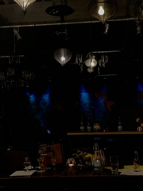 Dark Blue Bar Aesthetic, Blues Bar Aesthetic, Bar Dark Aesthetic, Teal Aesthetic, Bar Aesthetic, Blue Bar, Cool Lamps, Aesthetic Blue, Original Characters