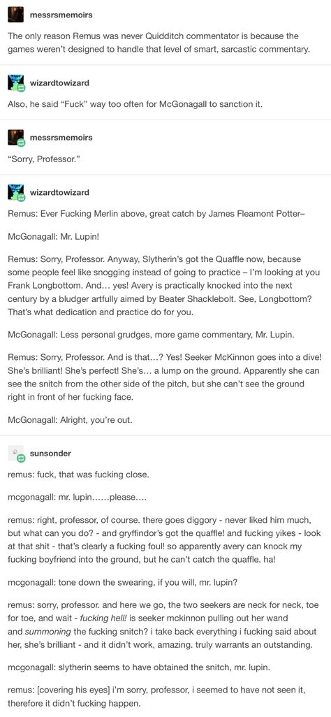 And now I'm just picturing Remus being Lee Jordan's number one fan for commentary. Lee Jordan, Yer A Wizard Harry, Harry Potter Headcannons, Harry Potter Jokes, Harry Potter Marauders, Remus Lupin, Mischief Managed, Harry Potter Series, James Potter