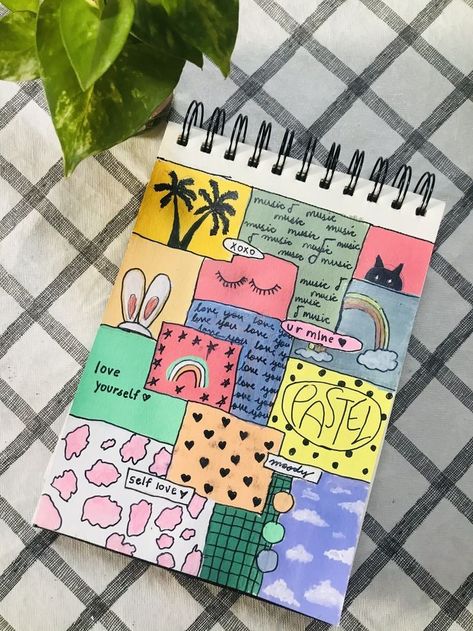 Mood Board Drawing Sketchbook Ideas, Cute Colourful Drawing, Diary Painting Ideas, Ways To Fill A Sketchbook, Collage Art Drawing, Fun Art Ideas, Cute Art Projects, Painting Mood, Easy Mandala Drawing