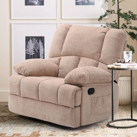 PRICES MAY VARY. OVERSIZED RECLINER CHAIR FOR ADULTS：This oversized recliner chair overall dimension is 40.1"(L) x 38.2"(W) x 40.6"(H),seat size is 22.8"(L) x 22.8"(W). Particularly suitable for use in living rooms or bedroom. Kindly please confirm the size before buying.Weight capacity of up to 350 lbs EASY TO ASSEMBLE: The oversized rocker recliner takes only 5 minutes for one person to set up and requires no tools.Allowing you to immediately enjoy the leisure time brought by the swivel rocker Recliner Rocking Chair, Boho Recliner, Recliner Chair In Living Room, Farmhouse Recliner, Farmhouse Recliner Chairs, Comfy Recliner, Posing Reference, Lazy Boy Chair, Best Recliner Chair