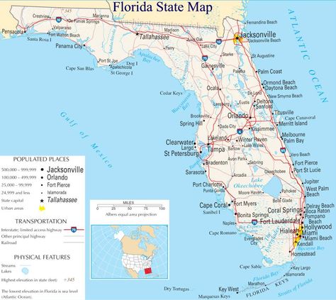 A large detailed map of Florida State Map Of Florida Cities, Florida State Map, North America Map, Daytona Beach Florida, Everglades National Park, Map Of Florida, Fernandina Beach, Ormond Beach, United States Map