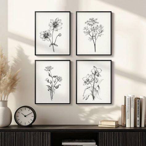 PRICES MAY VARY. [Framed Floral Wall Art]: A set of 4 pieces framed floral botanical prints in simple black and white patterns, each measuring 8x10 inches. The frames are made of durable, rust-resistant aluminum metal and feature a simple, stylish black frame that blends in beautifully with a variety of decor styles. [Canvas Painting Flower Wall Decor]: Our artwork is made of waterproof canvas, which is moisture-proof and easy to maintain. This canvas has a unique texture that can enhance the vi Wall Decor Bohemian, Living Room Picture Frames, Black Frame Wall, Hallway Wall Decor Farmhouse, Black And White Wall Art Living Room, Black Gallery Wall, Black And White Bathroom Art, Wall Decor Bathroom, Black And White Line Art