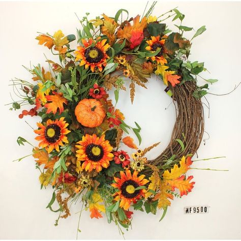 "This 20\" wreath features a cotton pumpkin, silk sunflowers and an assortment of wild fall flowers. It sits on a natural grapevine. It is great for your front door (cover and shaded), backdoor, or use as a centerpiece." Front Door Cover, Fall Decor Wreaths, Silk Wreaths, Autumn Wreaths For Front Door, Door Diy, Cozy Fall Decor, Fall Front Door, Door Cover, Fall Front