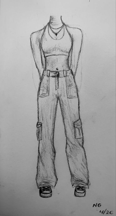 Tomboy Drawing Easy, How To Draw Baggy Pants Sketch, Grunge Outfit Drawing Sketches, Chlotes Drawings, Drawing Ideas Body Sketch Clothes, How To Draw Pants Female, Easy Fashion Sketches, Baggy Clothes Drawing, Cargo Pants Drawing