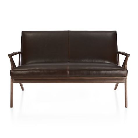 Cavett Loveseat Leather  | Crate and Barrel Gallagher House, Wine Bar Furniture, Wood Frame Loveseat, Cozy Modern House, Leather Settee, Room Sleep, Knitting Studio, Living Room Loveseat, Leather Reclining Loveseat