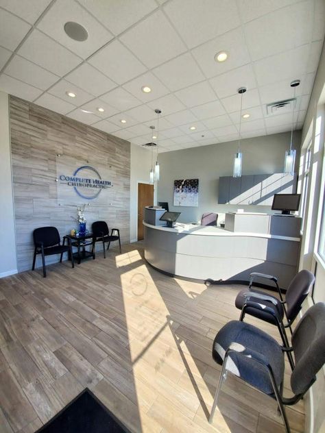 We 💖 a good lobby shot! #Design #OfficeDesign #Chiropractic #BringYourVisiontoLife Chiropractic Office Design Receptions, Medical Front Desk, Chiropractor Office Design, Sports Chiropractic, Chiro Office, Chiropractic Office Design, Office Layout Ideas, Business Office Decor, Physiotherapy Clinic