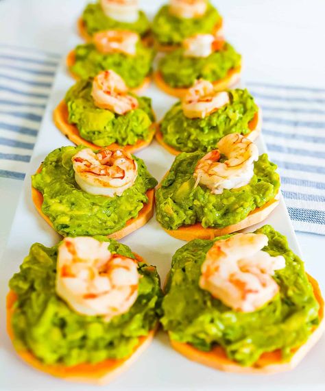 Spicy Shrimp and Guacamole Bites - Emily's Wholesome Kitchen Guacamole Shrimp Bites, Shrimp Stuffed Jalapeño Bites, Guacamole Shrimp Wonton Cups, Blackened Shrimp Avocado Cucumber Bites, Guacamole Bites, Spicy Guacamole, Sweet Potato Slices, Homemade Guacamole, Mom Party