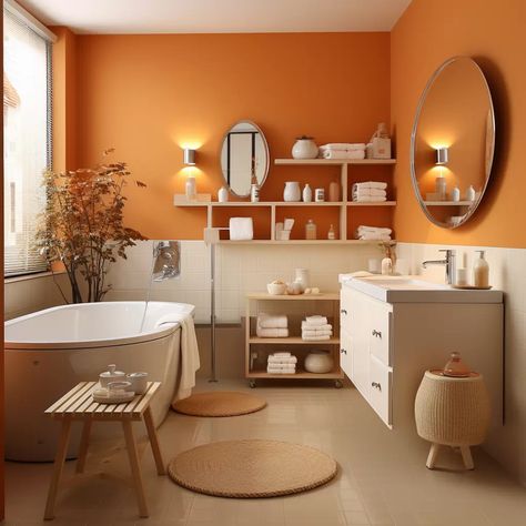 https://bleu-canard.fr/wp-content/uploads/2023/08/salle-de-bain-orange-moderne.webp Grey Beige Bathroom, Terracotta Bathroom Ideas, Orange Bathrooms Designs, Warm Bathroom, Main Bathroom Ideas, Orange Bathrooms, Retro Bathrooms, Beige Bathroom, Orange Interior