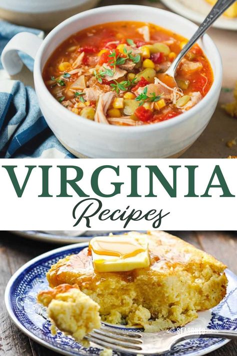 With its rich history, miles of rivers and coastline, vast farmland, and beautiful mountain terrain, Virginia is known for its Southern-style fare that incorporates a wide variety of local ingredients and influences -- from oysters to apples, country ham to blue crabs, and trout to peanuts. This collection of traditional Virginia recipes offers a taste of The Old Dominion in every bite! Virginia Ham Recipes, Old Appalachian Recipes, Appalachian Foods And Recipes, Southern Soup Recipes, Williamsburg Recipes, Old Southern Recipes, Southern Dinner Recipes, Virginia Recipes, Canned Beans Recipe