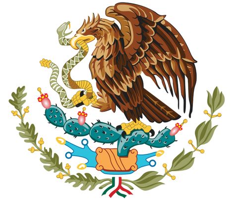 Aztec Origins: Mexico's Coat of Arms features an eagle on top of a cactus with a snake in its mouth: Aztec symbolism for the founding of TenochtitlÃ¡n/Mexico City. Mexican Flag Eagle, Art Chicano, Mexican Eagle, Eagle Symbol, Hawk Bird, Mexican Flags, Mexico Flag, Simple Poster, Aztec Art