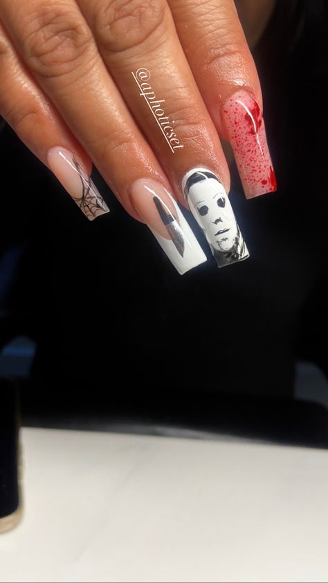 Michael Myers Nail Designs, Mike Myers Nails, Michael Meyer Nails, Mike Myers Halloween Nails, Michael Myers Nails Halloween, Micheal Myers Nail Ideas, Michael Myers Nail Art, Micheal Myers Nail, Micheal Myers Nail Designs