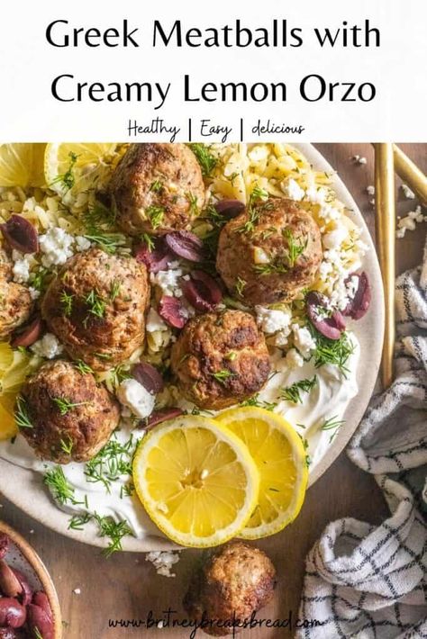 Greek Meatballs with Creamy Lemon Orzo Orzo With Turkey Meatballs, Lemon Orzo Meatball, Lemon Garlic Meatballs, Orzo Meatball Recipe, Greek Meatballs And Orzo, Greek Turkey Meatballs With Orzo, Turkey Meatballs With Orzo, Chicken Meatball Orzo, Greek Chicken Meatballs With Lemon Orzo