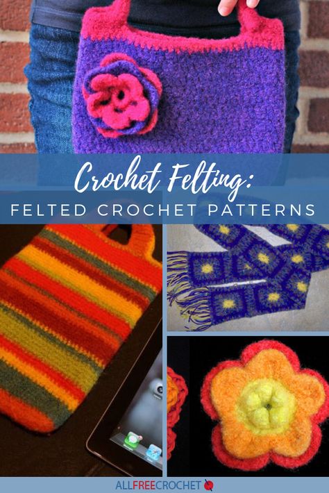 Crochet Felting: 20+ Felted Crochet Patterns | AllFreeCrochet.com Felted Crochet Patterns, Felted Crochet Bag, Crochet Felting, Stitch Purse, Felted Hats, Crochet Shell, Felted Crochet, Wool Felt Projects, Crochet Christmas Stocking