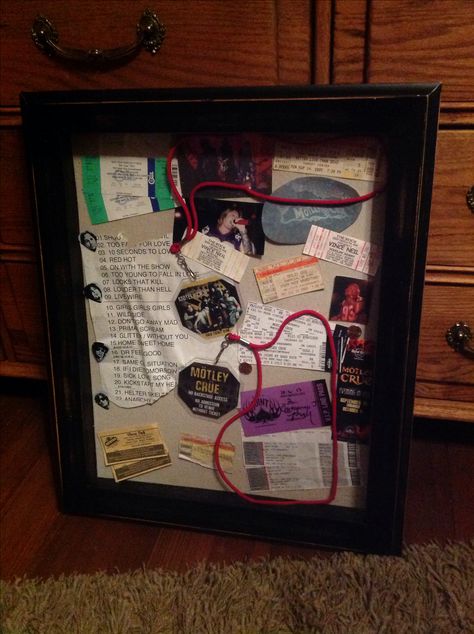 Concert memorabilia shadow box Band Memorabilia Display, Concert Memorabilia Display, Concert Theme, Ticket Collection, Fiance Birthday Gift, Ticket Display, Shadowbox Ideas, Organizing Photos, 50th Birthday Gag Gifts