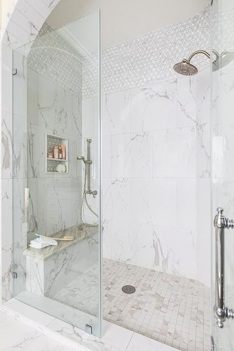 Shower with Calcutta Marble Grid Shower Floor Tiles - Transitional - Bathroom Tiled Niche, Transitional Home Design, Tile Shower Niche, Marble Shower Tile, Calcutta Marble, Shower Wall Tile, Marble Wall Tiles, Transitional Home, Marble Showers