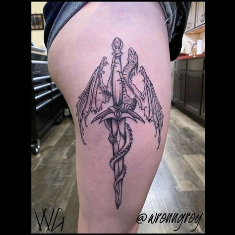 Dragon And Dagger Tattoo, Dagger Thigh Tattoo, Thigh Dagger Tattoo, Dragon Dagger Tattoo, Dragon Meaning, Fantasy Mythology, Small Dragon Tattoos, Wrist Tattoo Ideas, Small Dragon