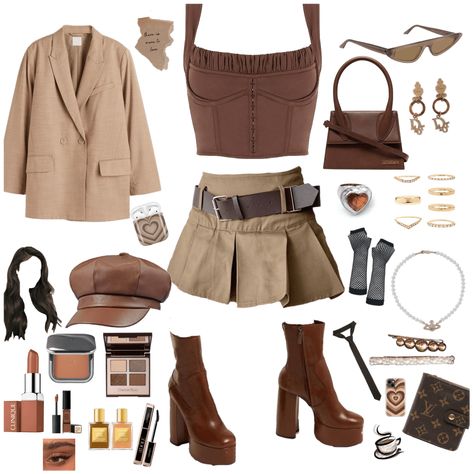 Black And Light Brown Outfit, Brown Outfit Layout, Shein Brown Outfits, Outfits With Brown Top, Brown Cute Outfits, Brown Style Outfit, Brown And Cream Outfit, Brown Summer Outfits, Cute Brown Outfits