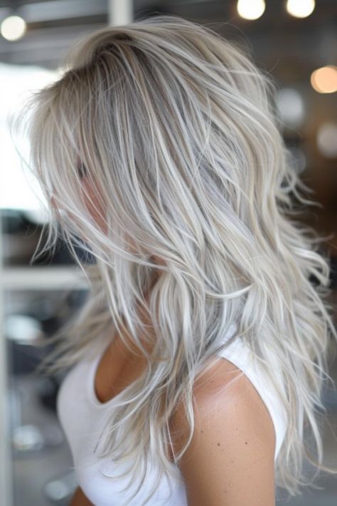 Blonde Ash Hair Highlights, Blonde For Grey Coverage, Blonde With Ash Roots, Ash Blonde Grey Blending, Blond Grey Balayage, Blonde With Grey Hair, Platinum White Hair Silver Icy Blonde, Ash Blonde With Root Smudge, Blonde Hair With Dark Brown Lowlights