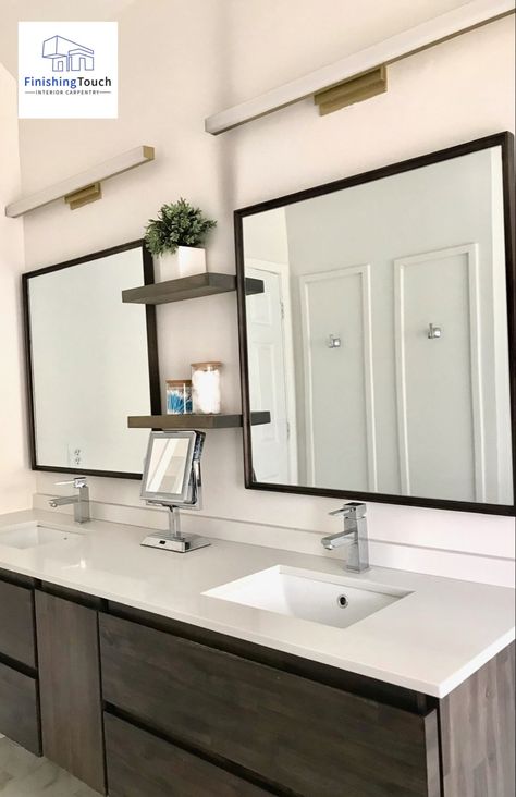 Floating Shelves Over Bathroom Vanity, Bathroom Mirror With Shelves In Middle, Shelving Between Mirrors In Bathroom, Shelves Between Vanity Mirrors, Mirror In Bathroom Ideas Master Bath, Dual Sink Bathroom Mirror Ideas, Bathroom Vanity Floating Shelves, Two Sink Mirror Ideas, Double Vanity 2 Mirrors