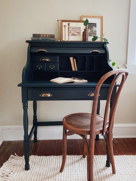 Secretary Desk Chair, Decorate A Secretary Desk, Antique Wooden Desk Makeover, Roll Top Desk Styling, Vintage Secretary Desk Home Office, Vintage Rolltop Desk, Roll Out Desk, Vintage Desk Makeover Painted Furniture, Secretary Desk Make Over