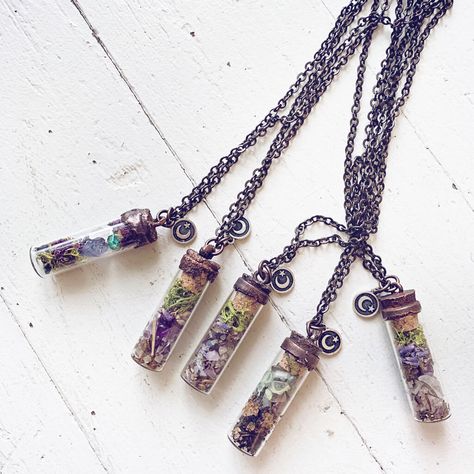 bewitch ii // tall spell jar glass bottle pendant necklaces by Peacock & Lime Mini Bottle Jewelry, Spell Jar Earrings, Spell Jar Jewelry, Mini Glass Bottles Ideas, Trinket Ideas, Spell Jar Necklace, Bottle Necklace Diy, Salt Lavender, Crafty Witch