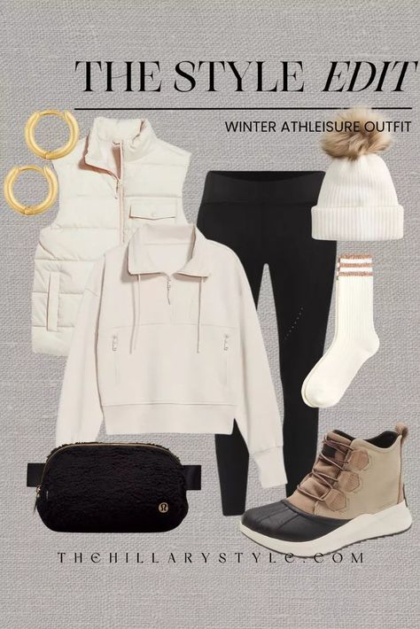 The Style Edit: Winter Athleisure Outfit. Fleece lined leggings, sweatshirt, puffer vest, boots, Sherpa belt bag, pompom hat, gold hoops, varsity socks. Lululemon, Old Navy, Sorel, Amazon Fashion, Target, Madewell, Abercrombie. Winter fashion, winter outfit, athleisure outfit, athletic outfit, casual winter outfit, OOTD Athletic Winter Outfits, Winter Athletic Outfits, Fall Workout Outfits, Winter Athleisure Outfits, Sherpa Belt Bag, Winter Running Outfit, Winter Athleisure, Workout Outfits Winter, Athleisure Winter