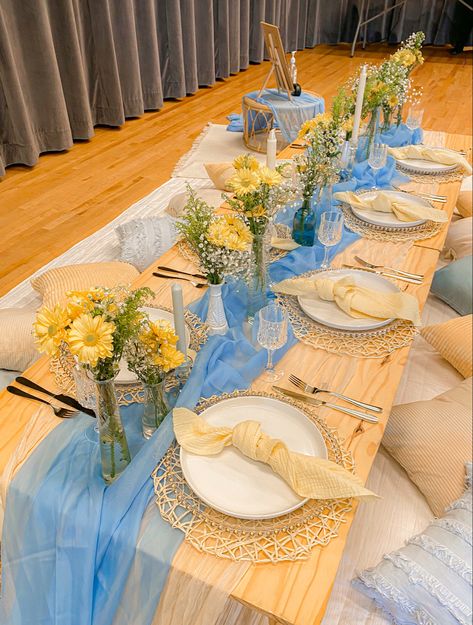 Blue Yellow Party Theme, Bridal Shower Yellow And Blue, Light Blue And Yellow Wedding Centerpieces, Blue And Yellow Wedding Table Decor, Graduation Party Ideas Blue And Yellow, Dusty Blue And Lemon Yellow Wedding, Yellow Debut Theme, Yellow And Blue Birthday Decor, Yellow Blue White Wedding