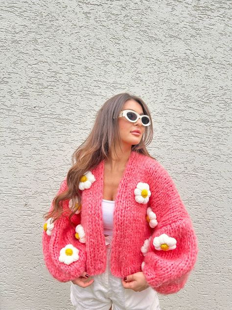 Flower Sweater, Handmade Sweater, Floral Cardigan, Floral Sweater, Mohair Cardigan, Chunky Cardigan, Open Knit Sweater, Chunky Knit Cardigan, Mohair Yarn