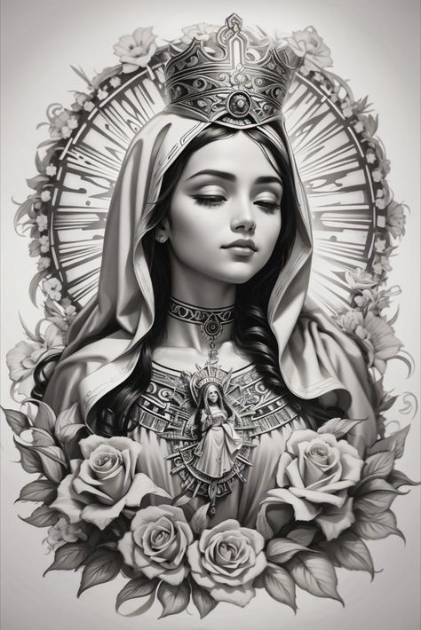 Discover the exquisite charm of 'Pretty Virgin Mary Style' – an artful representation that celebrates the enchanting beauty and purity of the Virgin Mary. A timeless homage to faith and grace. 🌟🙏 #VirginMaryStyle #DivineBeauty #EternalGrace Hispanic Tattoos, Christus Tattoo, Maria Tattoo, Lady Tattoo, Virgin Mary Tattoo, Mary Tattoo, Mexican Art Tattoos, Surreal Tattoo, Realistic Tattoo Sleeve