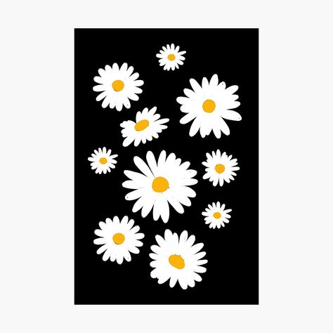 Get my art printed on awesome products. Support me at Redbubble #RBandME: https://www.redbubble.com/i/photographic-print/Classic-Daisies-on-Black-by-latheandquill/48932994.6Q0TX?asc=u Black Canvas Board Painting, Black Background Easy Painting, Easy Painting Ideas On Canvas Aesthetic Black, Canvas Black Background Ideas, Daisy Canvas Painting, Black Canvas Paintings Easy Aesthetic, Black Background Painting Simple, Daisy Drawing, Black Background Painting