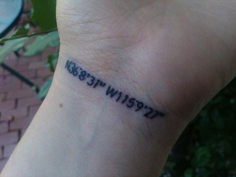 Coordinates tattoo Co Ordinates Tattoo, Numeros Tattoo, Tattoo Coordinates, Kids Tattoo, Coordinates Tattoo, Travel Fashion Winter, Tattoo Wrist, Travel Journal Scrapbook, Different Kinds Of Art