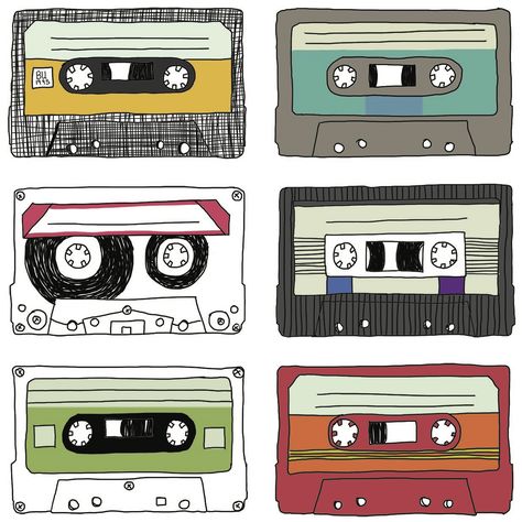 Hand drawn cassette tapes by Sara Raffaghello Cartoon Cassette Tapes, Cute Cassette Tape Drawing, Tape Drawing Cassette, How To Draw Cassette Tapes, Casette Tape Doodle, Cassette Tape Sketch, Caset Tape Drawing, Cassette Tape Doodle, Casette Drawings