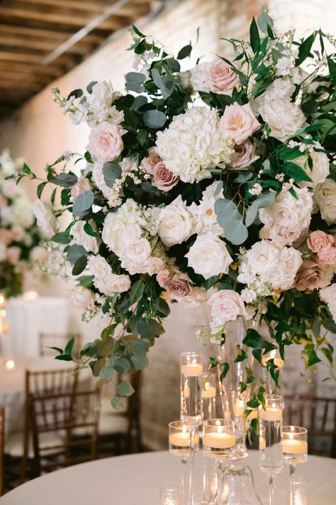 lush hydrangeas and dusty pink roses Eucalyptus And Blush Wedding Table Decor, Dusty Rose Greenery Wedding, Dusty Pink Flower Centerpiece, Blush Sage And White Wedding Flowers, Pink And White Ceremony Flowers, Dusty Rose Floral Centerpiece, Champagne Pink And White Wedding, Dusty Rose Flower Centerpieces, Dusty Pink Tall Centerpiece