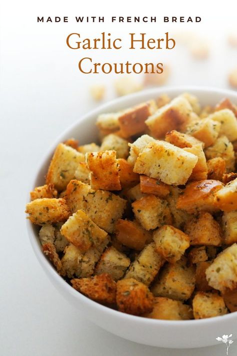 A bowl full of croutons, with some arranged on a white quartz counter behind it. Garlic French Bread, How To Make Croutons, Homemade French Bread, Crouton Recipes, Wheat Bread Recipe, White Bread Recipe, Dry Bread, Favorite Salad, Croutons Homemade