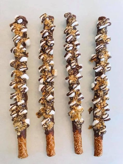 S’mores Pretzel Rods, S’mores Pretzels, Fall Theme Chocolate Covered Pretzels, Birthday Chocolate Covered Pretzels, Chocolate Covered Pretzel Rods Halloween, Chocolate Dipped Pretzels Fall, Fall Dipped Pretzel Rods, Halloween Pretzel Ideas, Wedding Pretzel Rods