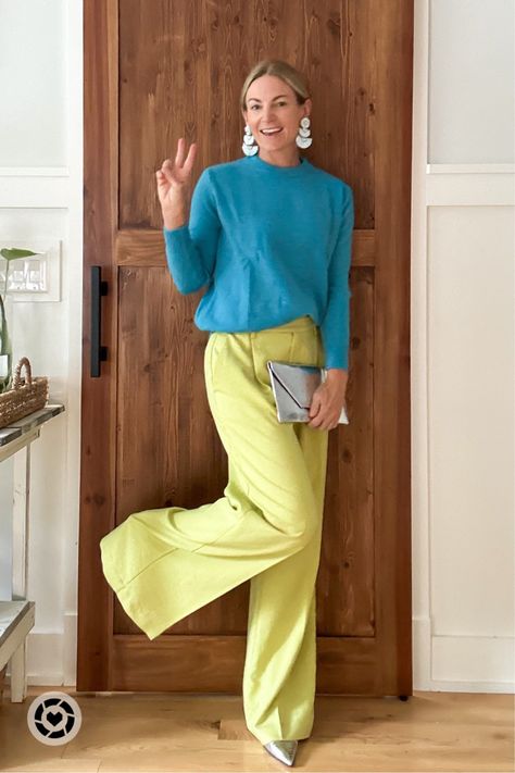 Lime and Teal Outfit Teal Trousers Outfit, Teal Outfit, Teal Outfits, Olive Clothing, Teal Pants, Bright Outfits, Trouser Outfit, Tan Lines, Business Casual Outfits