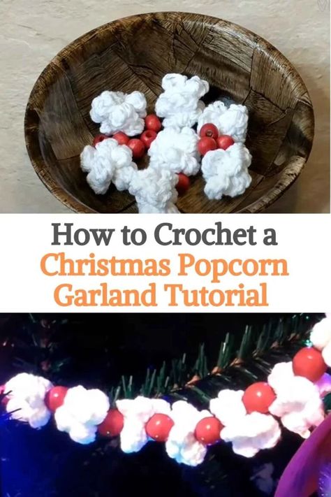 Is there anything more traditional than these popcorn garlands? I do not believe it! They are also quite simple to do and you can turn them into a very fun family project, we are sure that your little children or grandchildren will love to help you make the Christmas decoration this year. You can customize it to your liking, in the tutorial that we show you the creator added red balls that gave it a beautiful touch, if you want you can add some details or leave only the traditional... Christmas Popcorn Garland, Popcorn Crafts, Crochet Popcorn, Garland Crochet, Popcorn Garland, Christmas Popcorn, Garland Tutorial, Crochet Holiday, Christmas Crochet Patterns Free