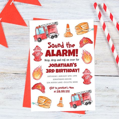 Cute Hand Drawn Fire Truck Birthday Invitation Police Fire Ambulance Birthday Party, Firefighter 3rd Birthday Party, Firefighter First Birthday Party, Fire Station Birthday Party, Fire Truck Birthday Party Ideas, 3rd Birthday Party For Boy, Future Firefighter, Fire Truck Birthday, Firetruck Birthday Party