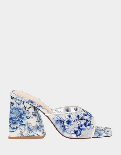 ROO BLUE FLORAL Slip On Heel | Women's Heels – Betsey Johnson Funky Heels, Blue By Betsey Johnson, Unique Heels, Floral Heels, Blue Heels, Beaded Applique, Applique Dress, Wedding Heels, Women's Heels