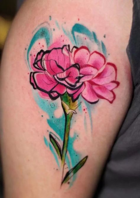 The Meanings Of Carnation Tattoos (Explained In Detail) Carnation Flower Drawings, Carnation And Violet Flower Tattoo, Watercolor Carnation Tattoo, Neo Traditional Carnation Tattoo, Cute Carnation Tattoo, Carnation And Marigold Tattoo, Carnation Watercolor Tattoo, Carnation Tattoo Sleeve, Colored Carnation Tattoo