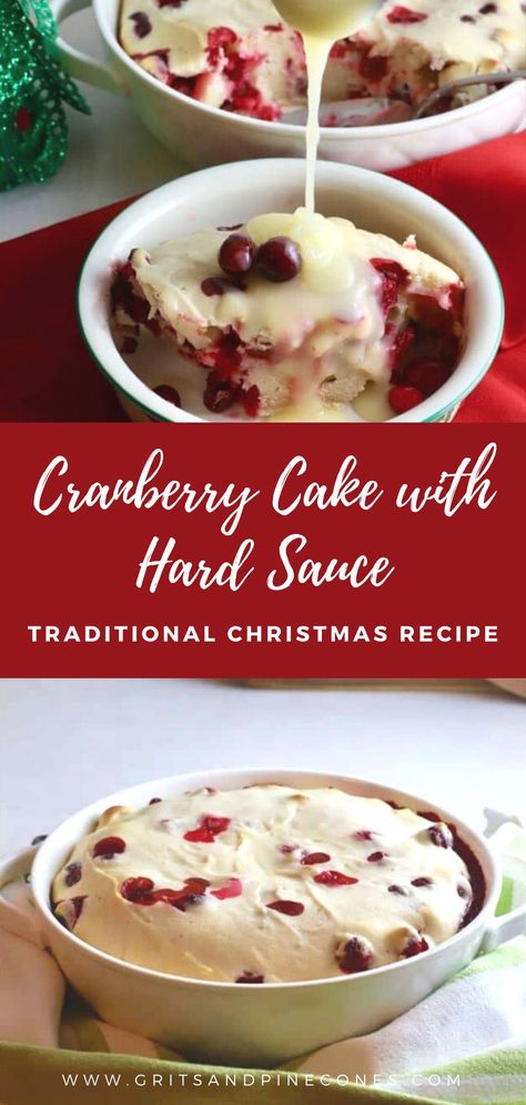 A beautiful and festive dessert, Easy Cranberry Cake with Hard Sauce will make a unique sweet ending for your Christmas meal. Full of fresh tart cranberries, it has a winning combination of flavors and textures, and the creamy, blissful yumminess of a decadent hard sauce. Easy Cranberry Cake with Hard Sauce is my new favorite dessert. It's a not-too-sweet, super moist cake, the texture is more of a cross between pudding and cake.  It’s denser than a regular cake and out of this world delicious! Easy Cranberry Cake, Hard Sauce, Cranberry Dessert, Cranberry Cake, Christmas Meal, Festive Desserts, Dessert Easy, Cranberry Recipes, Christmas Food Desserts