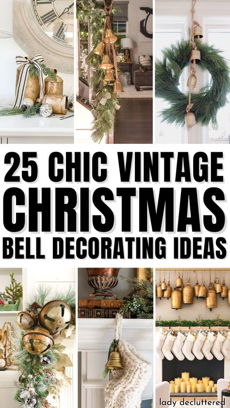 25 Chic Vintage Christmas Bell Decorating Ideas How To Decorate Bells For Christmas, Large Sleigh Bells Decor, Christmas Greenery With Bells, Sleigh Bell Decorating Ideas, Christmas Cow Bells Decor, Christmas Decor Ideas Using Bells, Bells Hanging From Mantle, Cowbell Christmas Decorations, Bells For Wreath