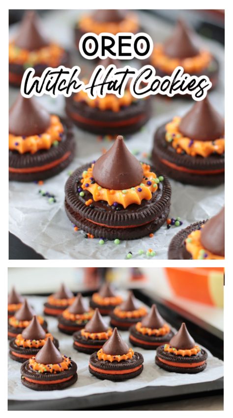 These witch hat cookies are one of the easiest Halloween treats to make! An Oreo cookie topped with frosting and a Hershey's kiss. Perfect for Halloween parties! Halloween Treats Witches Hats, Halloween Recipes Simple, Strawberry Oreo Witch Hats, Halloween Food Day Ideas, Easy Halloween Snack Ideas For Kids Party, Witch’s Hat Cookies, Oreo Witches Hat, Halloween Kid Appetizers, No Bake Halloween Treats Kids Can Make